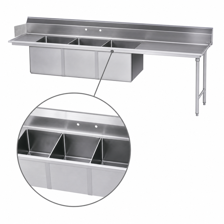 Product image #3 for Advance Tabco 3-Compartment Stainless Steel Sink Table, 119"W, 20" x 20" x 14" Bowls, Right Drainboard