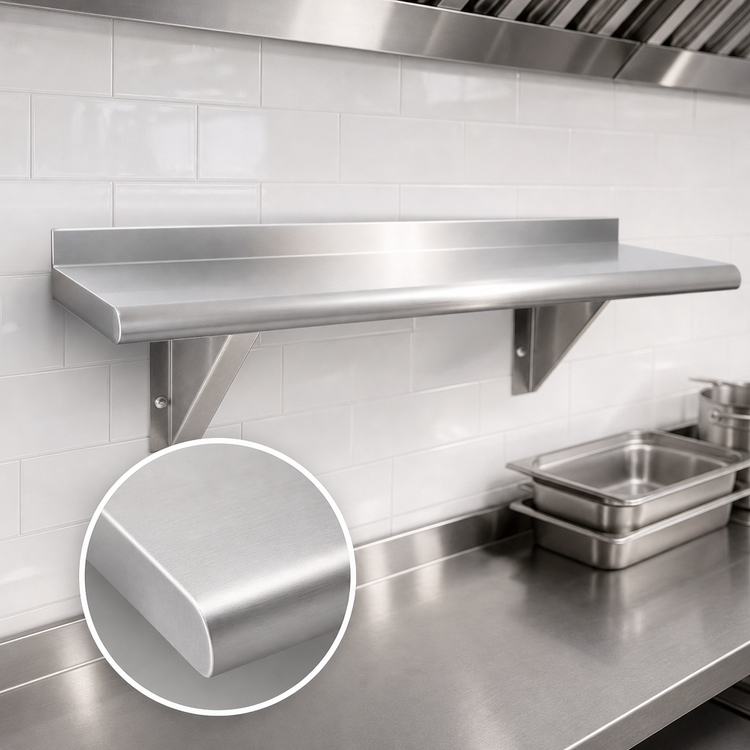 Product image #3 for Advance Tabco 84" W x 10" D Wall-Mounted Stainless Steel Shelf with Bullnose Edge, 16 Gauge, Satin Finish