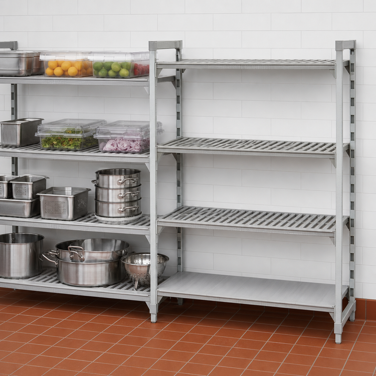 Product image #4 for Cambro Camshelving® Premium 18" x 48" x 72" Stationary 4-Tier Add-On Shelving Unit, 3 Vented + 1 Solid, Speckled Gray