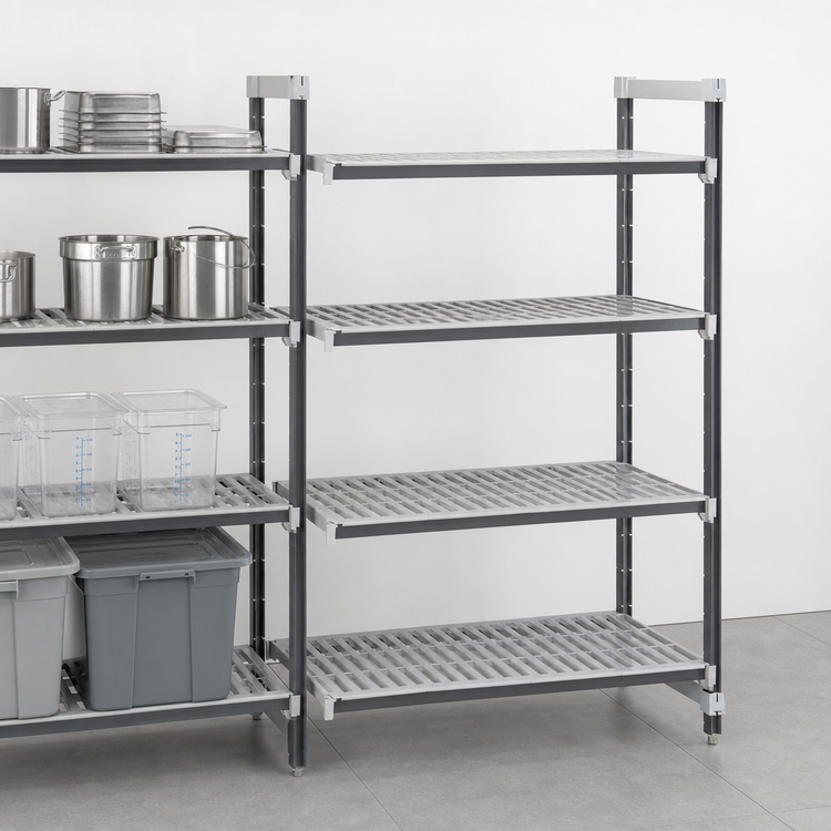 Product image #3 for Cambro Camshelving Elements XTRA 4-Tier Stationary Add-On Shelving Unit, 18"D x 36"L x 72"H, Vented, Speckled Gray