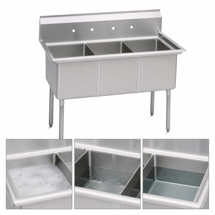 Product image #3 for BK Resources Three-Compartment Stainless Steel Sink, No Drainboards, 24" x 24" x 14" Bowls