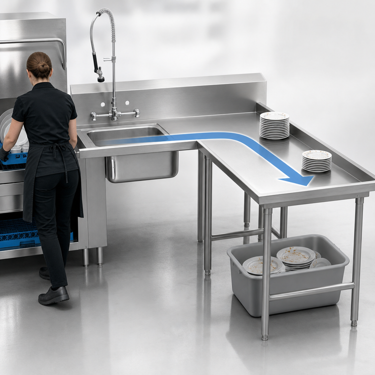 Product image #3 for Advance Tabco 119-Inch L-Shaped Island Soil Dishtable with Pre-Rinse Sink, Right-Hand, Stainless Steel