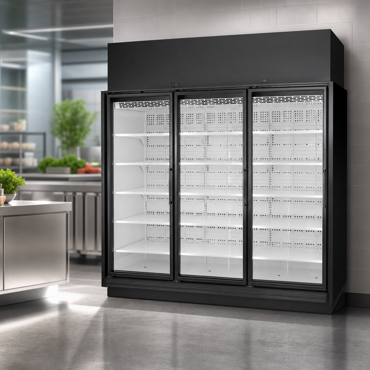 Product image #3 for True TRM Series 3-Section Medium Temperature Glass Door Merchandiser Refrigerator, Self-Contained, Top-Mounted, Black Exterior/White Interior