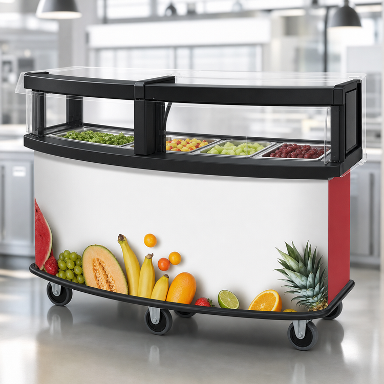 Product image #3 for Cambro CVC75W11 Open-Well Vending Cart with Safety Barrier, 5 Full-Size Pan Capacity, 75 Inch Wide, Red Wrap