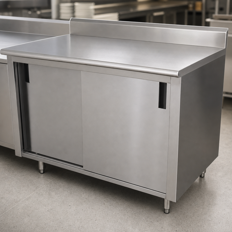 Product image #3 for Advance Tabco Special Value Series Economy Enclosed Work Table with Cabinet Base, Mid-Shelf, Sliding Doors, 84 x 24 Inches, 16 Gauge 304 Stainless Steel Top, 5 Inch Backsplash
