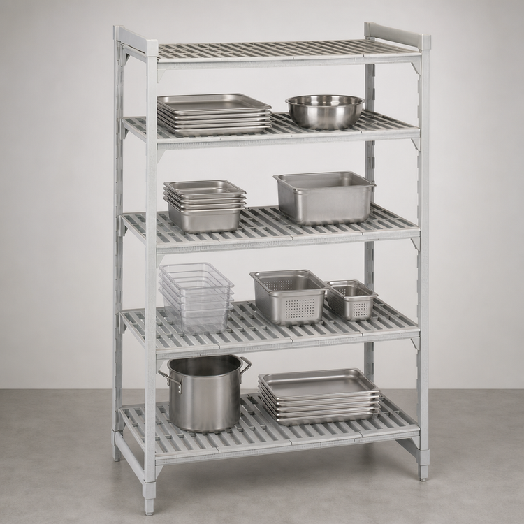 Product image #4 for Cambro Camshelving Premium 5-Tier Vented Stationary Starter Polymer Shelving Unit, 21" x 72" x 64", Speckled Gray