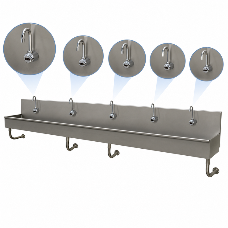 Product image #3 for Advance Tabco 5-Station Wall-Mounted ADA Square-Corner Hand Sink with 5 Electronic Faucets, 100 Inch Wide