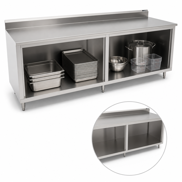 Product image #3 for John Boos Open Front Cabinet Base Work Table, 144W x 24D, 16-Gauge Stainless Steel Top with 5-Inch Backsplash