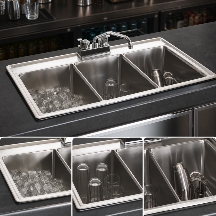 Product image #3 for 32 Inch Drop-In 3-Compartment Bar Sink with Deck Mount Faucet and Basket Drain
