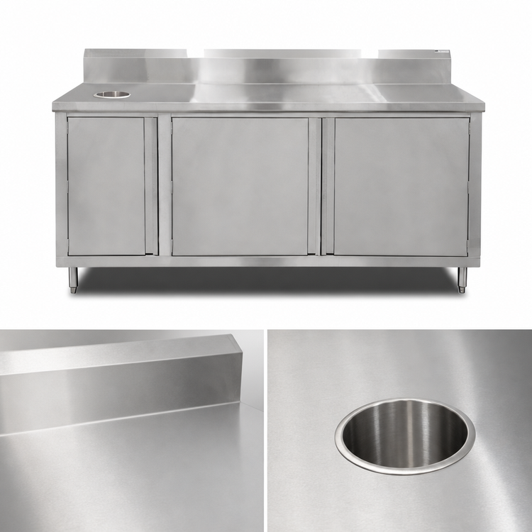 Product image #3 for John Boos 72-Inch Stainless Steel Beverage Unit Cabinet Base with Right Trash Chute, Hinged Doors, and 5-Inch Backsplash
