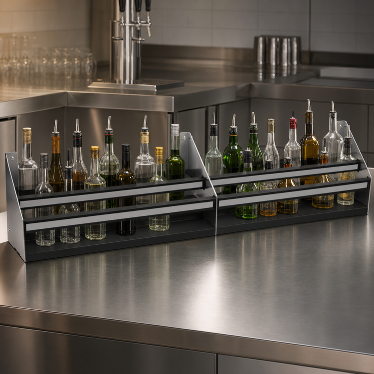 Product image #3 for Glastender 62-Inch Double Stainless Steel Speed Rail with Open Step-and-Rail Design