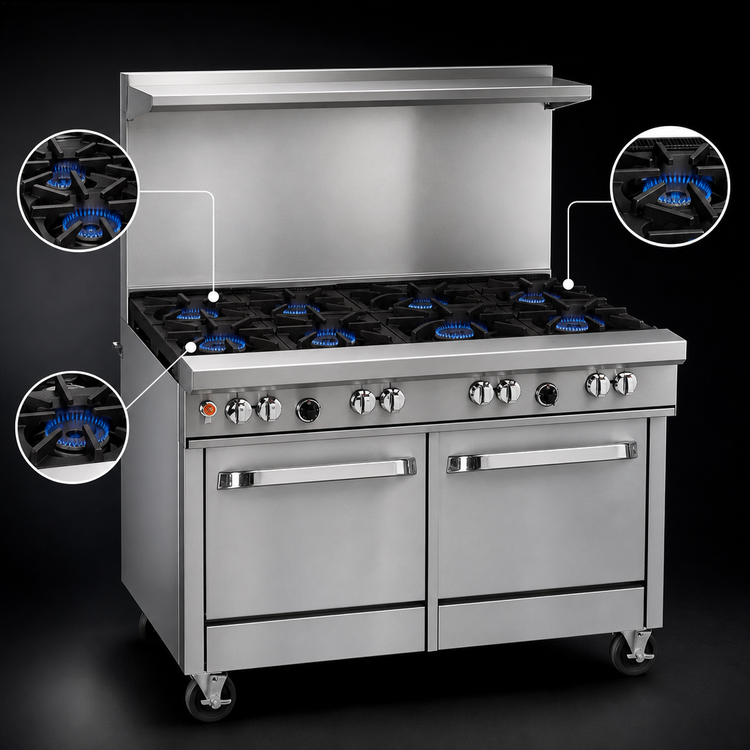 Product image #3 for Southbend Ultimate 48-Inch Commercial Gas Range with 7 Open Burners, 2 Space Saver Ovens, and High Shelf