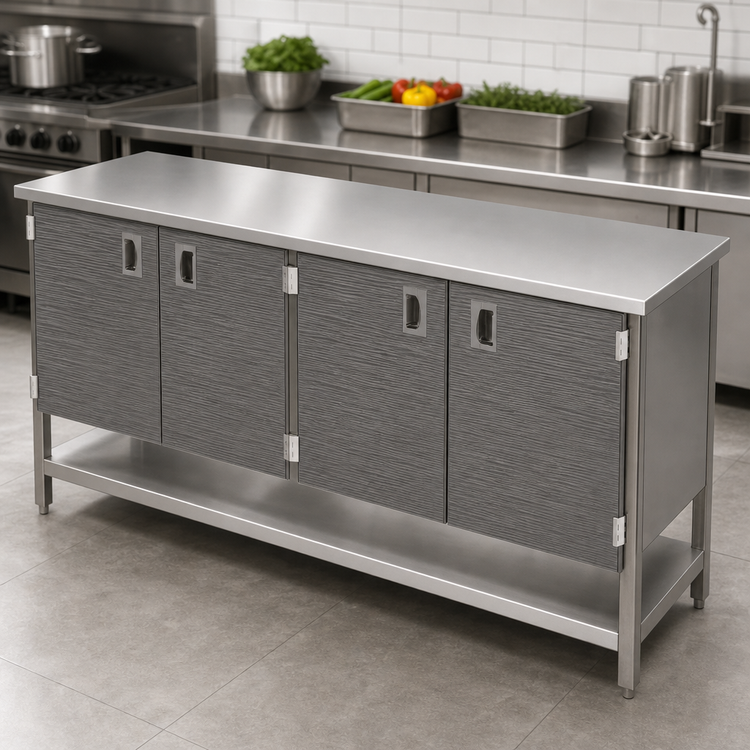 Product image #3 for John Boos Stainless Steel Enclosed Work Table Cabinet Base with Hinged Doors and Undershelf, 120 x 24 Inches