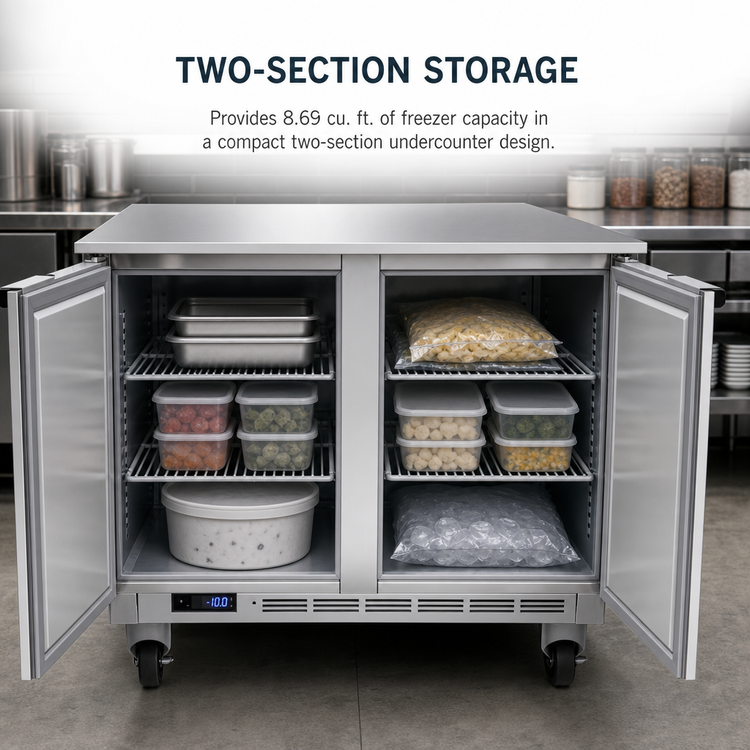 Product image #4 for Beverage-Air 36-Inch Two-Section Undercounter Freezer with 2 Solid Doors and 4 Shelves