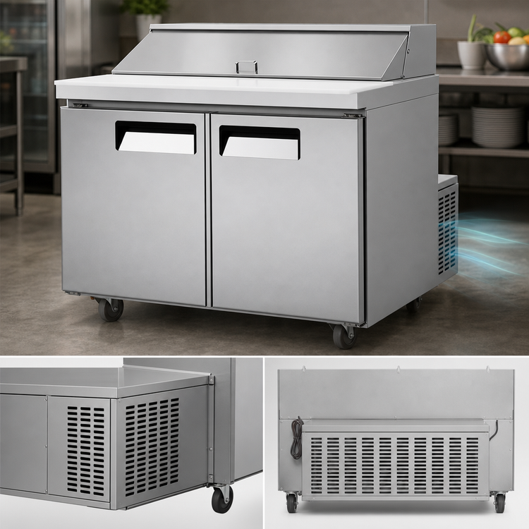 Product image #3 for Juneau 60-Inch Two-Section Refrigerated Prep Table, Rear-Mount Self-Contained, 16 1/6 Pan Capacity