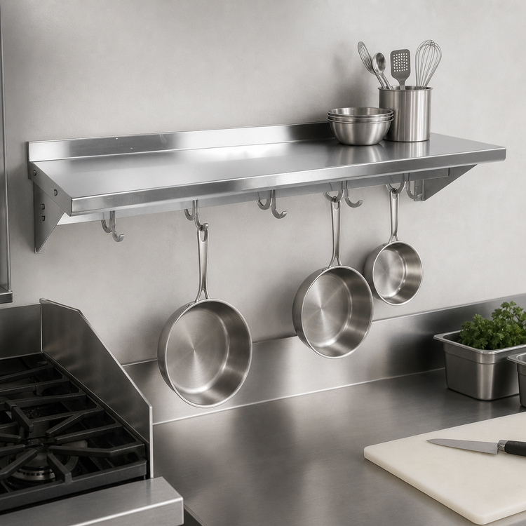 Product image #3 for John Boos Stallion Wall-Mounted Pot Rack Shelf with 2 Hooks, 24 x 18 x 13 Inches, Stainless Steel