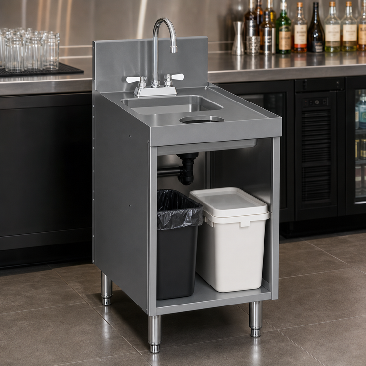Product image #3 for CHOICE 18-Inch Stainless Steel Underbar Hand & Dump Sink Cabinet with Open Front, Dry Waste Chute, and Gooseneck Faucet
