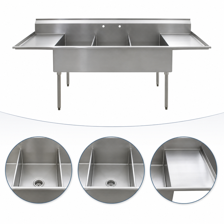 Product image #3 for Eagle Group Three-Compartment Utility Sink with Double Drainboards, 90-1/4 Inch W, 430 Stainless Steel