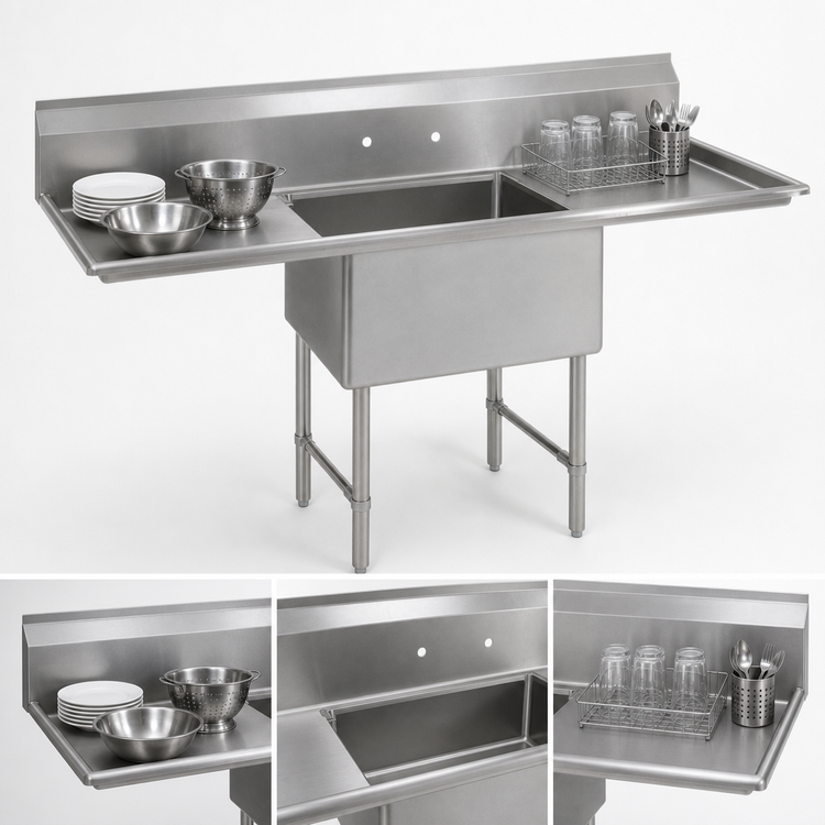 Product image #3 for BK Resources One-Compartment Double Drainboard Commercial Sink, 16 x 20 x 12 Bowl, 52-Inch Wide