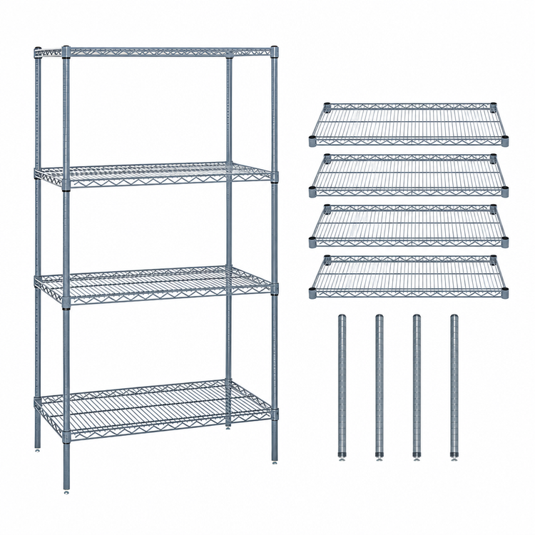Product image #3 for Quantum 4-Shelf Stationary Wire Shelving Starter Kit, 60"W x 24"D x 74"H, Gray Epoxy Antimicrobial Finish