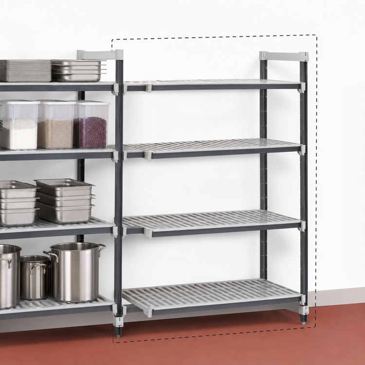 Product image #3 for Cambro Camshelving Elements XTRA 18-Inch Deep x 54-Inch Long x 84-Inch High 4-Tier Vented Stationary Add-On Polymer Shelving Unit