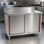 Thumbnail image #3 for Eagle Group Spec-Master CB24120SEM-BS 120"W x 24"D 14-Gauge 304 Stainless Steel Cabinet Work Table with 4 Sliding Doors, Marine Edge & Backsplash