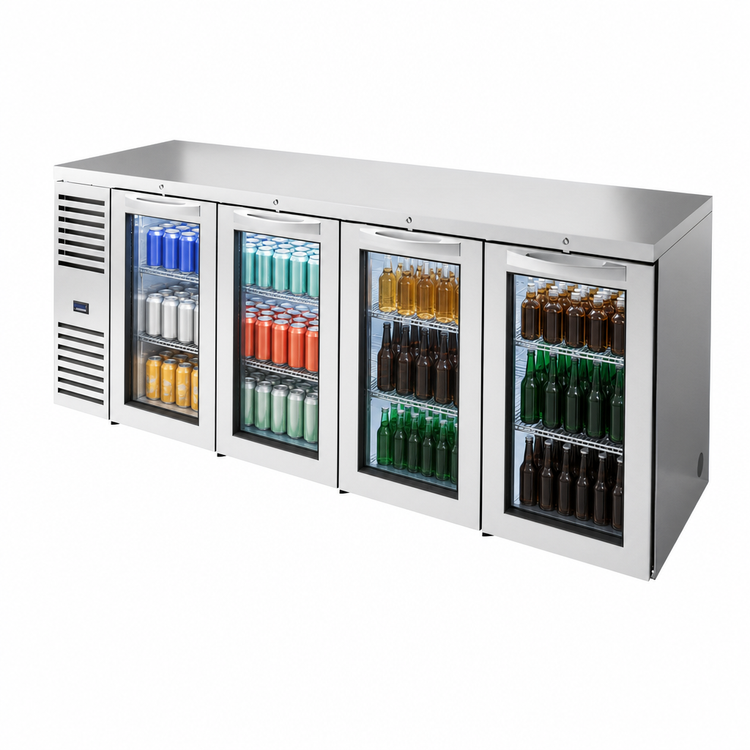 Product image #3 for True Premier Bar Four-Section Refrigerated Back Bar Cooler with 4 Locking Glass Doors, 92-Inch Wide