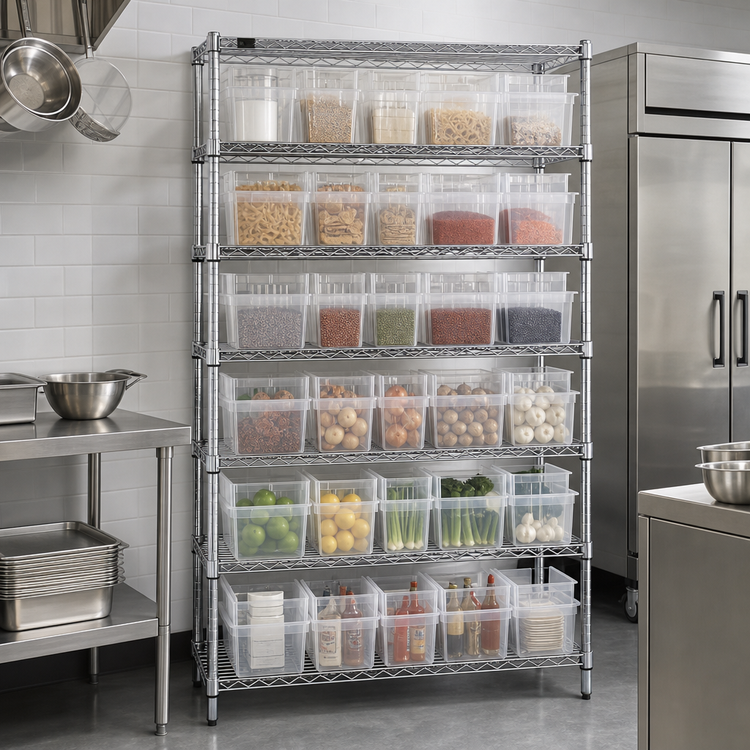 Product image #3 for Quantum Stationary Bin Wire Shelving System with 8 Shelves and 35 Clear Bins, 36 W x 24 D x 74 H, Chrome Plated