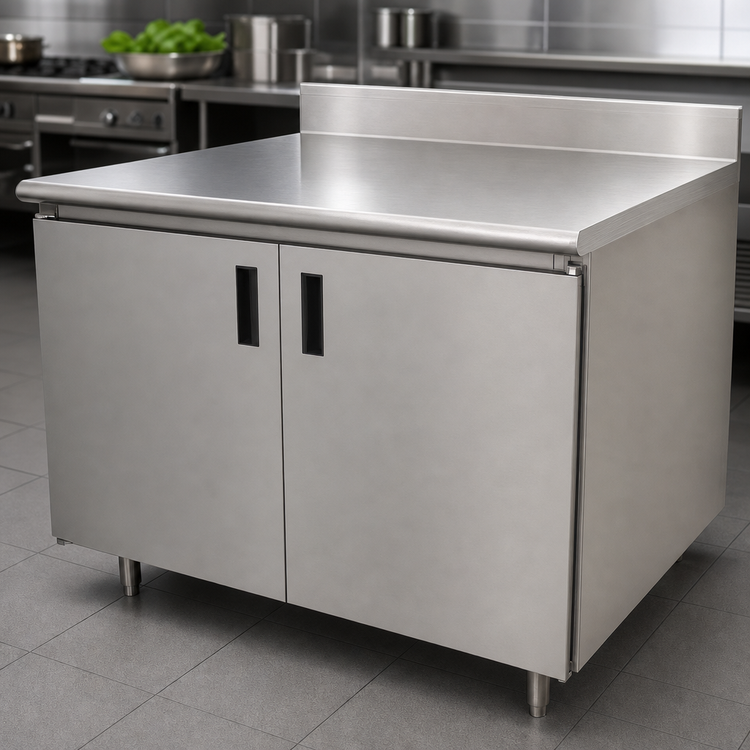 Product image #3 for Advance Tabco 144-Inch x 24-Inch Enclosed Work Table with Hinged Door Cabinet Base, 14-Gauge 304 Stainless Steel Top and 5-Inch Backsplash