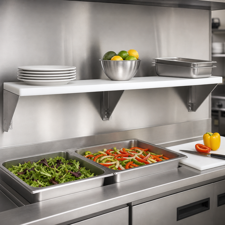 Product image #3 for Advance Tabco Triumph Supreme Stainless Steel Shelf with Removable 3/8-Inch White Poly Cutting Board for 2-Well Food Units