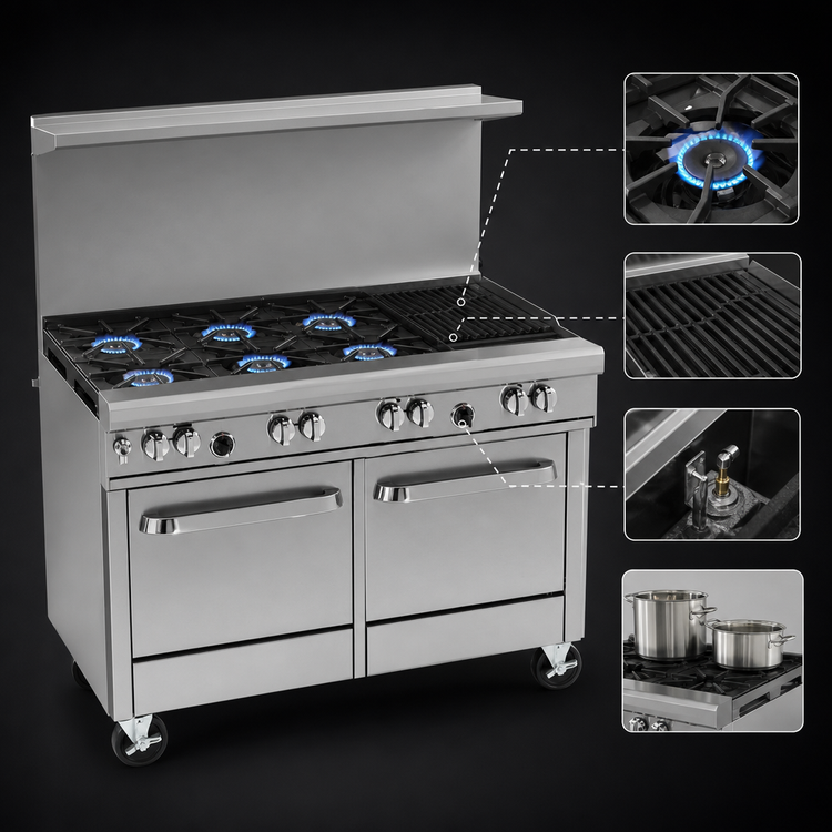 Product image #3 for Southbend Ultimate 48-Inch Commercial Gas Restaurant Range with 4 Non-Clog Burners, 24-Inch Charbroiler, Standard Oven, and Cabinet Base