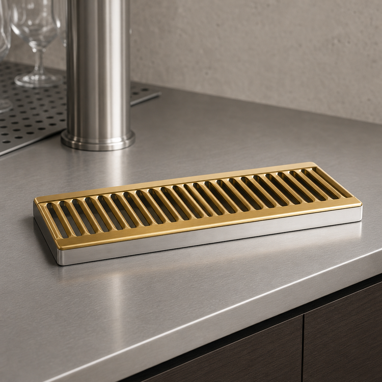 Product image #3 for Micro Matic Surface Mount Drip Tray Trough, 12" W x 5" D, Stainless Steel with Louvered PVD Brass Screen, No Drain