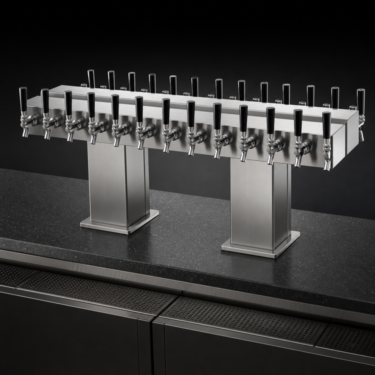 Product image #3 for Perlick Extra High Back-to-Back Bridge Tee Countertop Glycol-Cooled Draft Beer Tower, 36 Faucets, Stainless Steel
