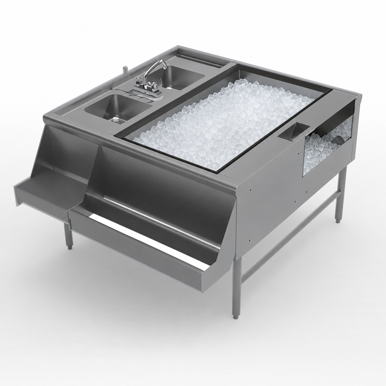 Product image #3 for Advance Tabco Prestige Double Service Station with Pass-Thru Ice Bin, 10-Circuit Cold Plate and 2 Hand Sinks, 42 x 42 Inches