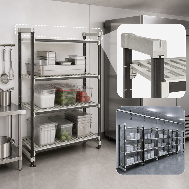 Product image #3 for Cambro Camshelving Elements XTRA 4-Tier High Density Top Rail Stationary Starter Unit, 24"D x 60"L x 81"H, Vented Shelves, Speckled Gray
