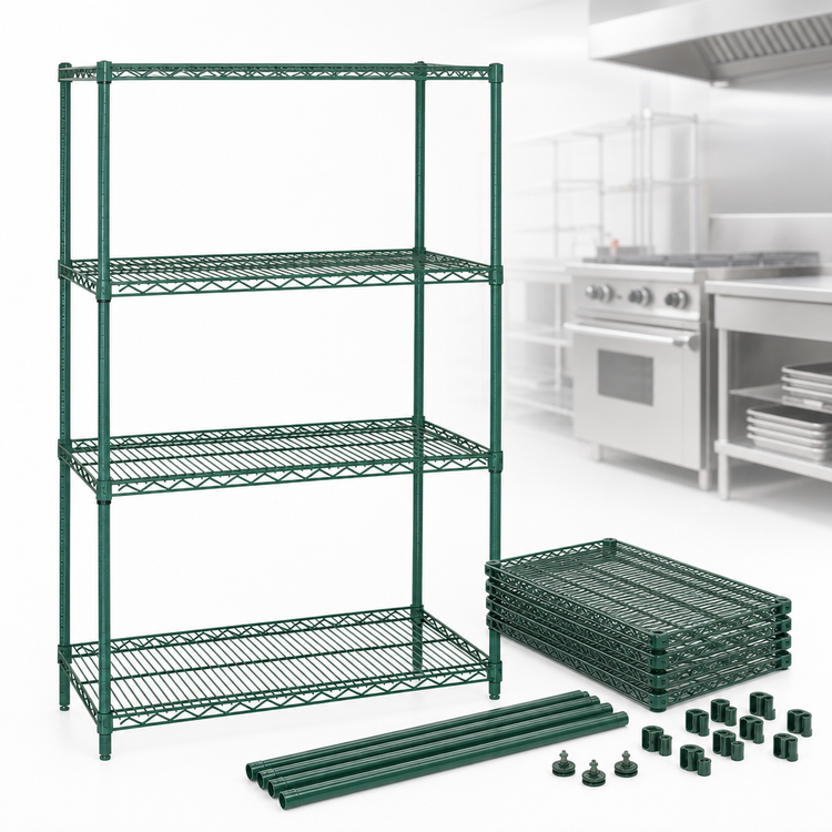 Product image #3 for Quantum Stationary Wire Shelving Starter Kit, 72"W x 14"D x 63"H, 4 Shelves, Green Epoxy Antimicrobial Finish