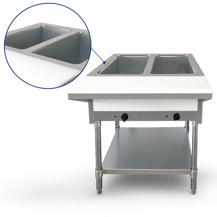 Product image #3 for Omcan USA LP Gas Open-Well Steam Table with 2 Full-Size Pan Capacity, Cutting Board, and Undershelf