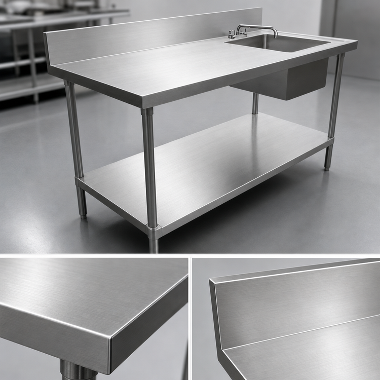 Product image #3 for 60-Inch Stainless Steel Work Table with Right-Side Prep Sink, Undershelf, and 6-Inch Backsplash