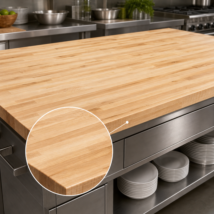 Product image #3 for Boos Block 84" x 36" Blended Rails Edge Grain Maple Kitchen Countertop, 1-1/2" Thick, Varnique Finish