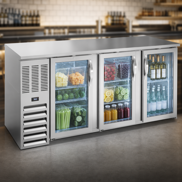 Product image #3 for Beverage-Air Three-Section Glass Door Food-Rated Back Bar Refrigerator, 78-Inch Wide, Left-Mounted Self-Contained Refrigeration