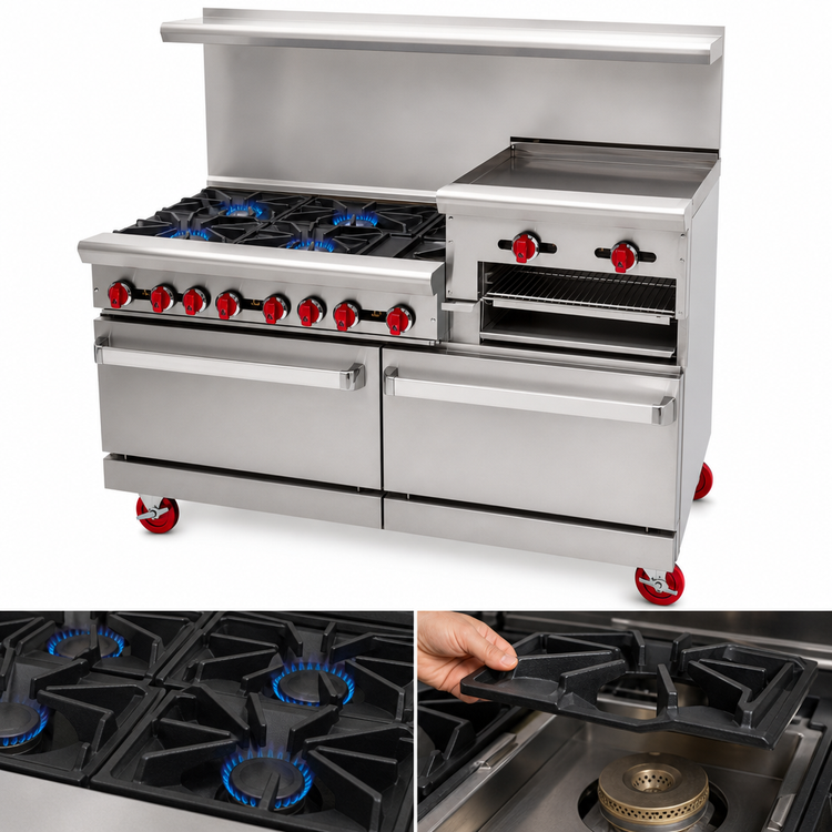 Product image #3 for American Range 60-Inch Gas Restaurant Range with 4 Open Burners, 36-Inch Raised Griddle/Broiler, Standard Oven, and Storage Base