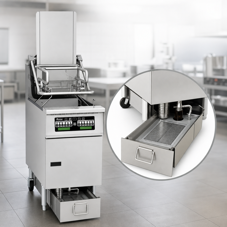 Product image #3 for Solstice Supreme Reduced Oil Volume Electric Floor Fryer System with Automatic Filtration, Lift Assist, and 76 lb Capacity