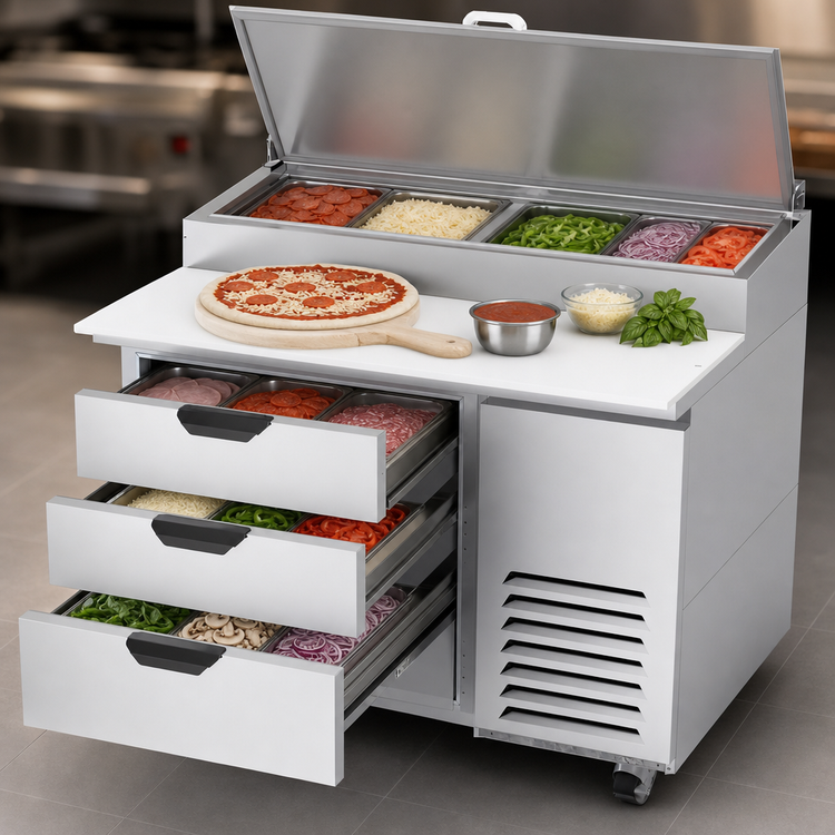 Product image #3 for Beverage-Air DPD46HC-3 46-Inch Deli/Pizza Prep Table with 3 Drawers