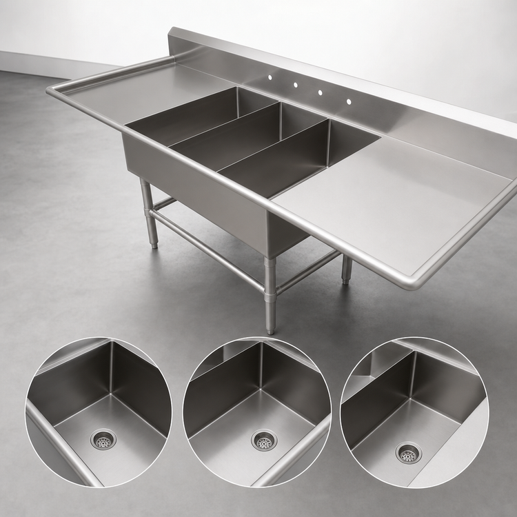 Product image #3 for John Boos Pro-Bowl 3-Compartment Platter Sink with Dual Drainboards, 14-Gauge Stainless Steel, 93-1/4" W x 36-1/2" D x 43" H