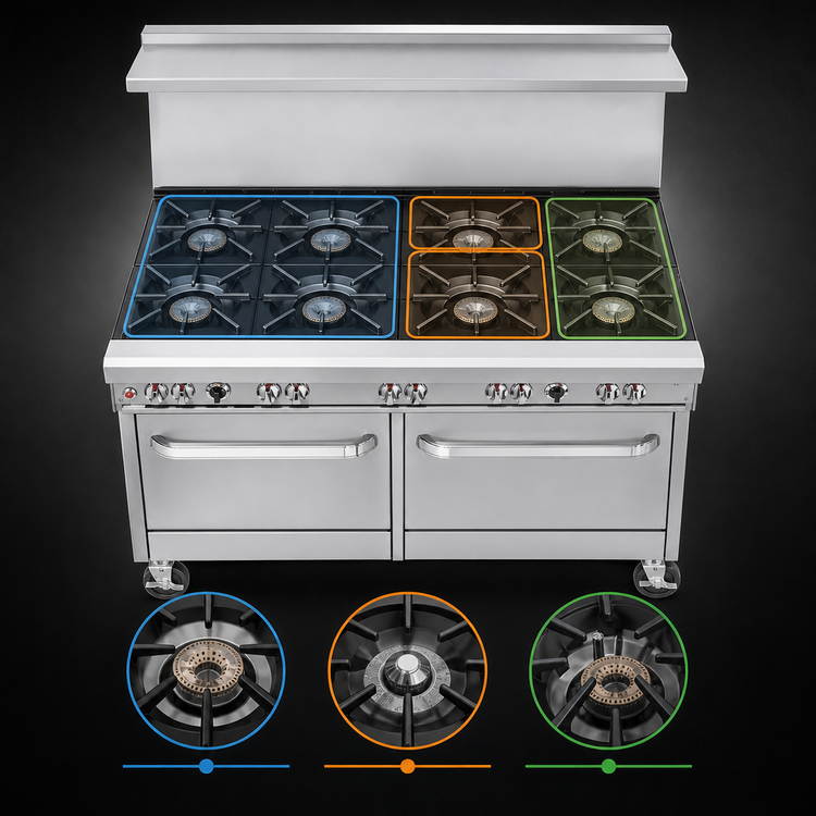 Product image #3 for Southbend Ultimate 60-Inch Gas Restaurant Range with 9 Burners, Convection Oven, Cabinet Base, and Backriser Shelf