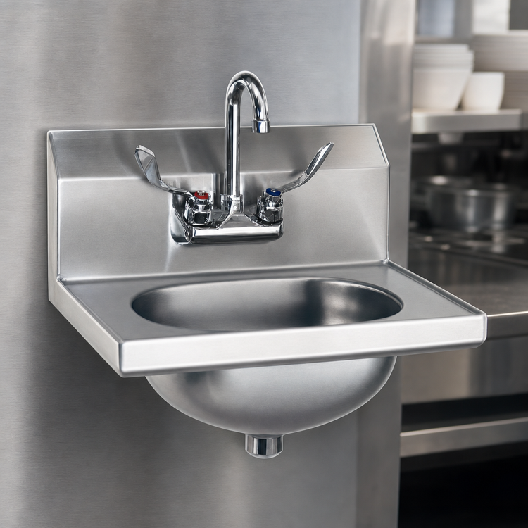 Product image #3 for Eagle Group Wall-Mount Hand Sink with Wrist-Handle Gooseneck Faucet, 304 Stainless Steel, 13-1/2 x 9-3/4 x 6-3/4 Inch Bowl