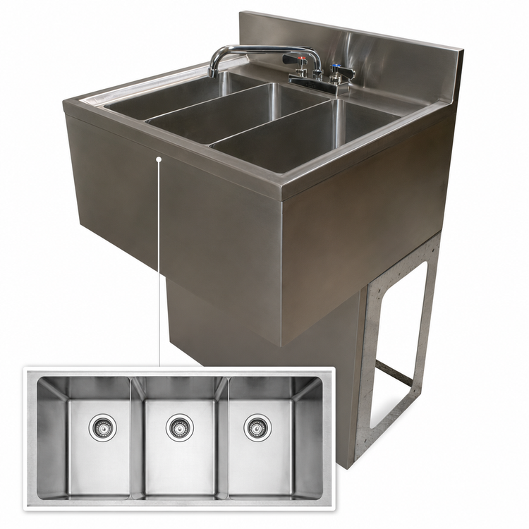 Product image #4 for BK Resources 36-Inch Wide Three Compartment Stainless Steel Underbar Sink with Backsplash and Faucet