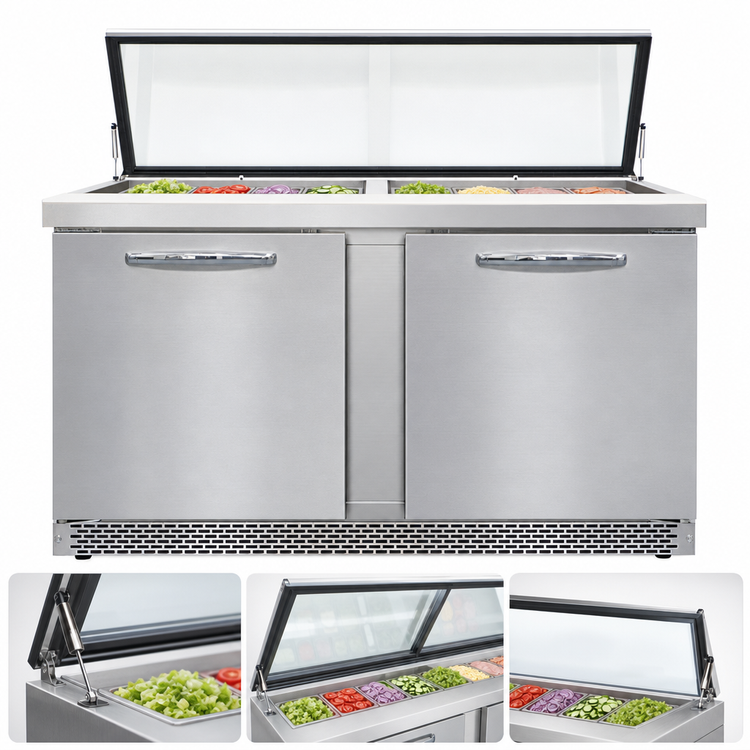 Product image #3 for Continental Refrigerator SW60N24M-HGL-FB Mighty Top 60" Two-Section Sandwich Prep Unit with Hinged Glass Lid