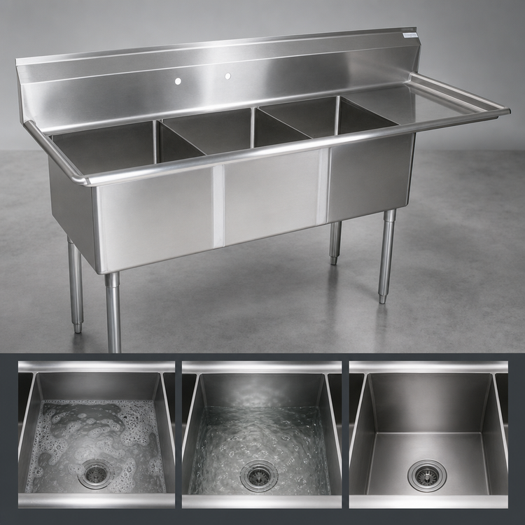 Product image #3 for John Boos E-Series 3-Compartment Stainless Steel Sink with Right Drainboard