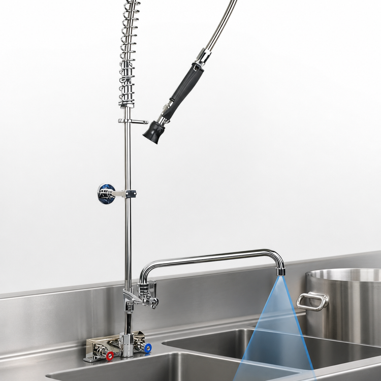 Product image #3 for BK Resources Evolution Splash-Mount Pre-Rinse Assembly with Add-On Faucet and 12-Inch Swing Spout